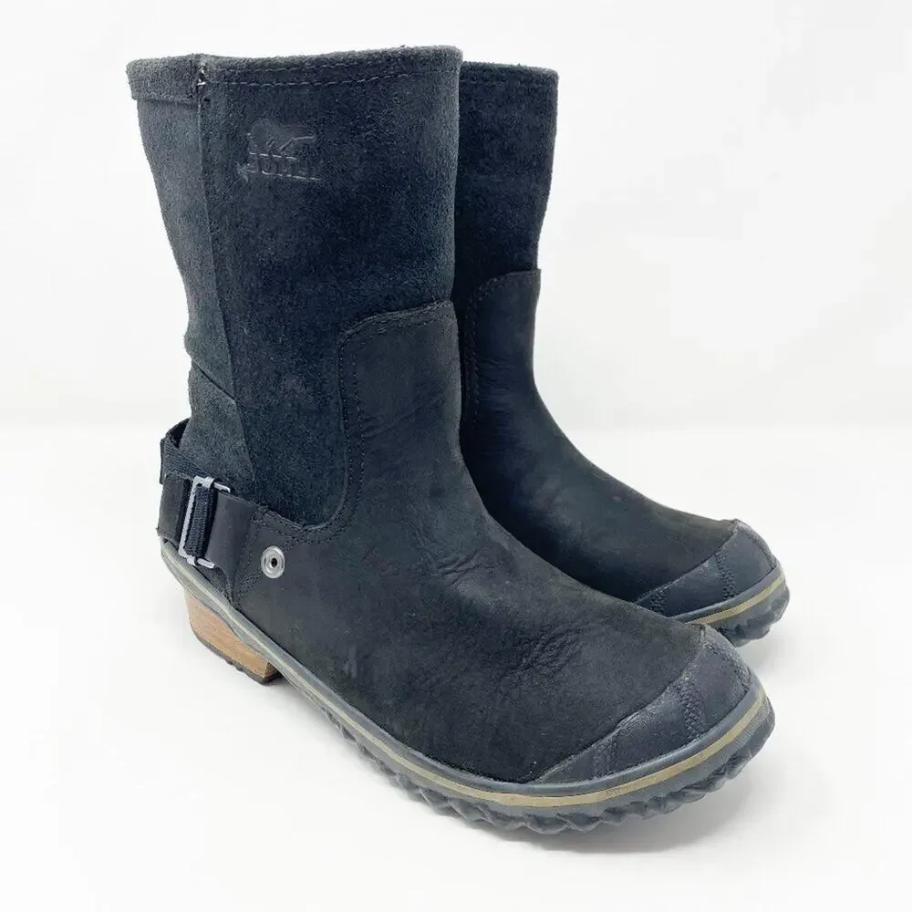 Sorel Black Leather Slimshortie Mid Calf Boots Women's Size 6 EUC Pull On